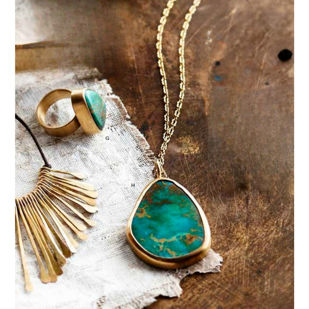 Authentic Turquoise Ring (6) & Pendant Necklace Set Polished High-Copper Brass
